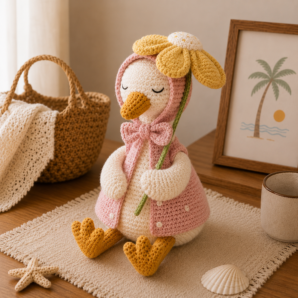 Daisy Crochet Goose Plush – Pink Hooded Spring Decor