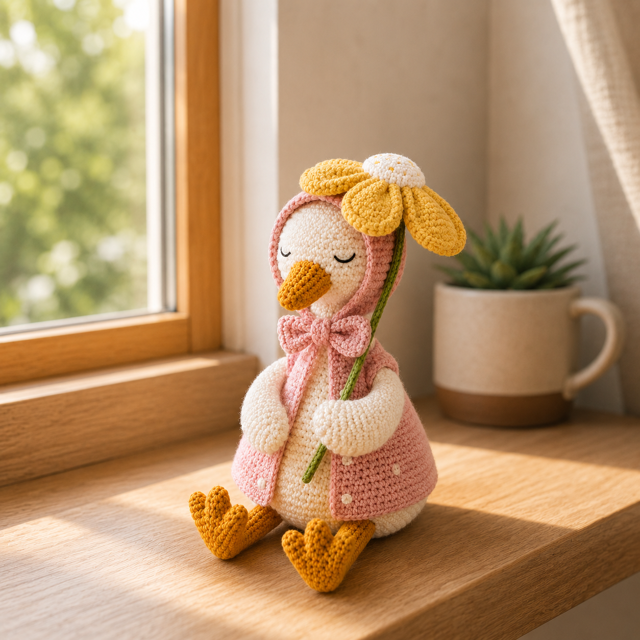 Daisy Crochet Goose Plush – Pink Hooded Spring Decor