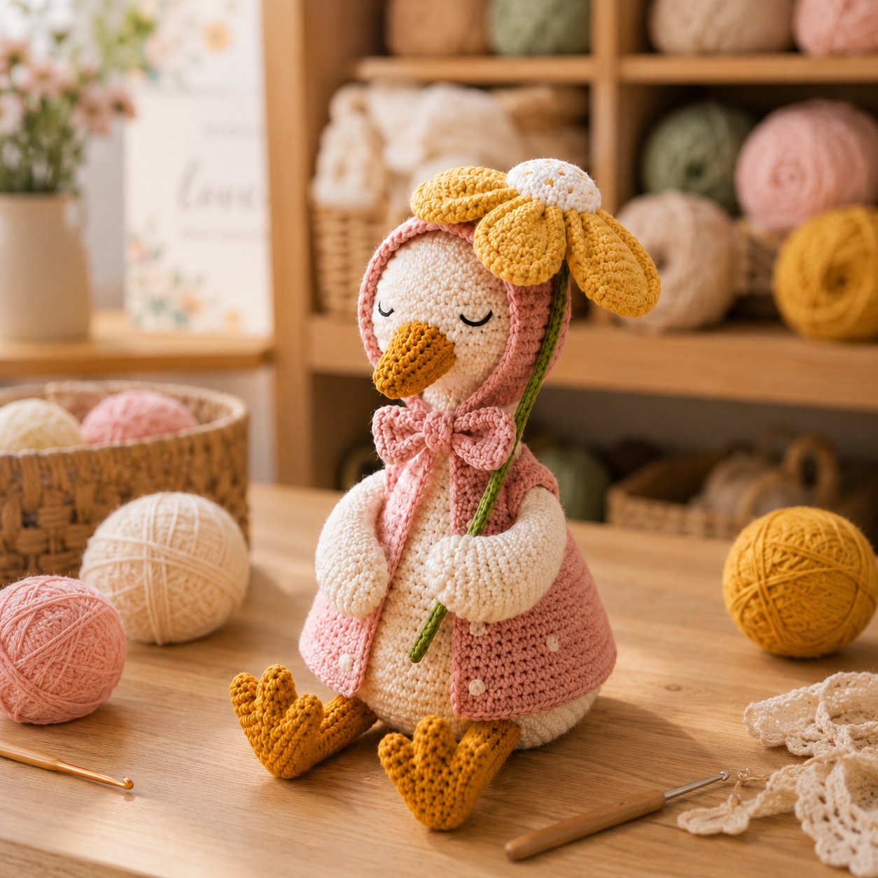 Daisy Crochet Goose Plush – Pink Hooded Spring Decor