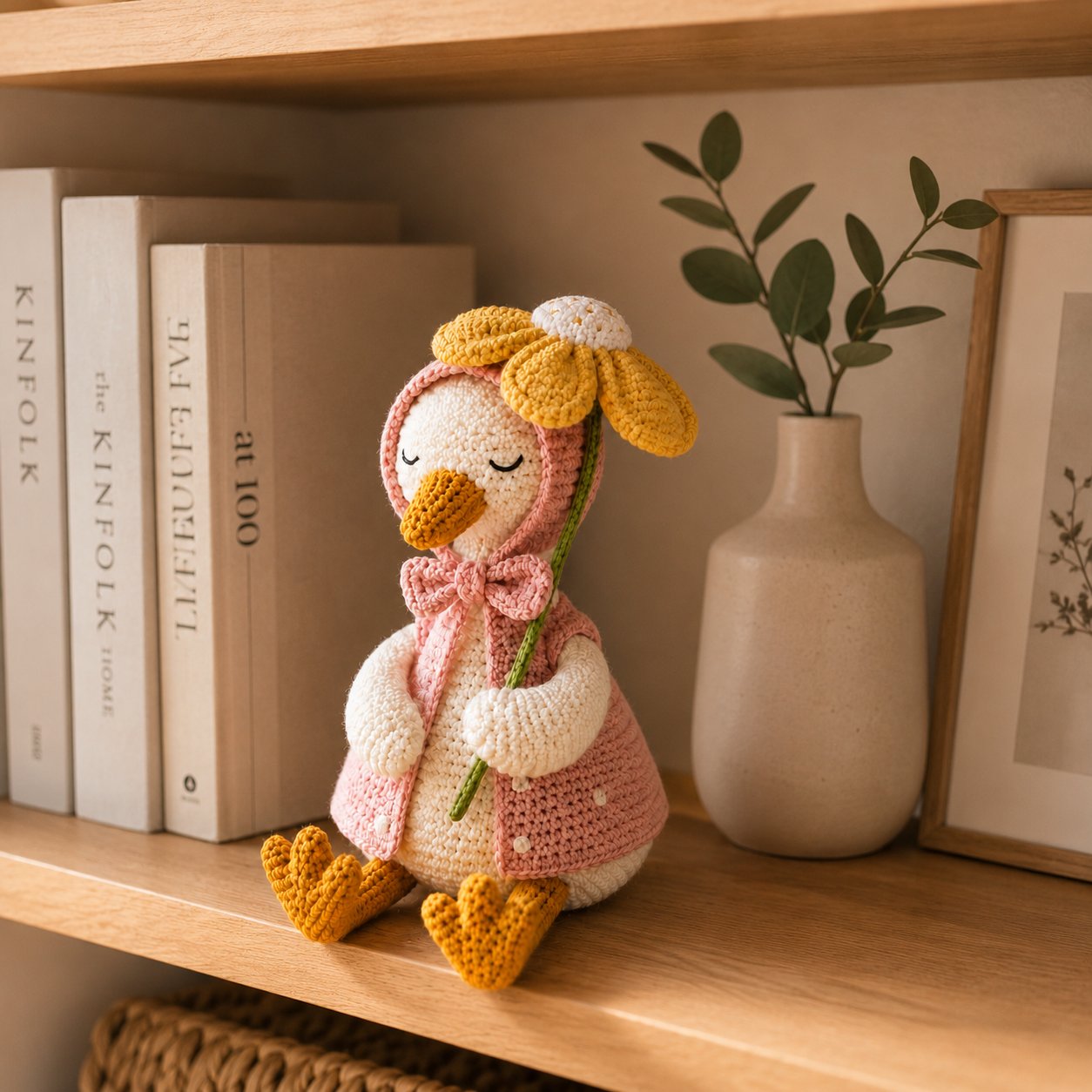 Daisy Crochet Goose Plush – Pink Hooded Spring Decor