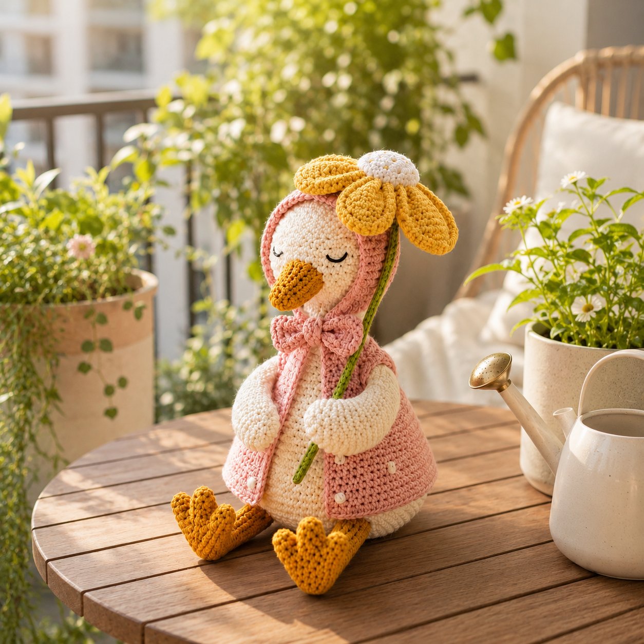 Daisy Crochet Goose Plush – Pink Hooded Spring Decor