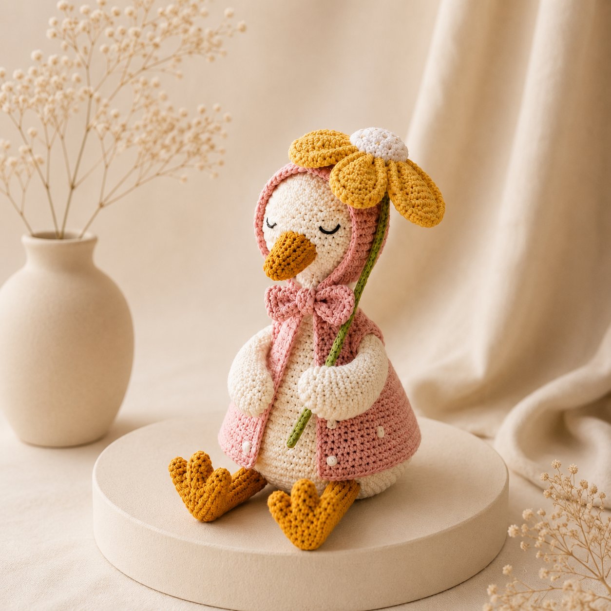 Daisy Crochet Goose Plush – Pink Hooded Spring Decor