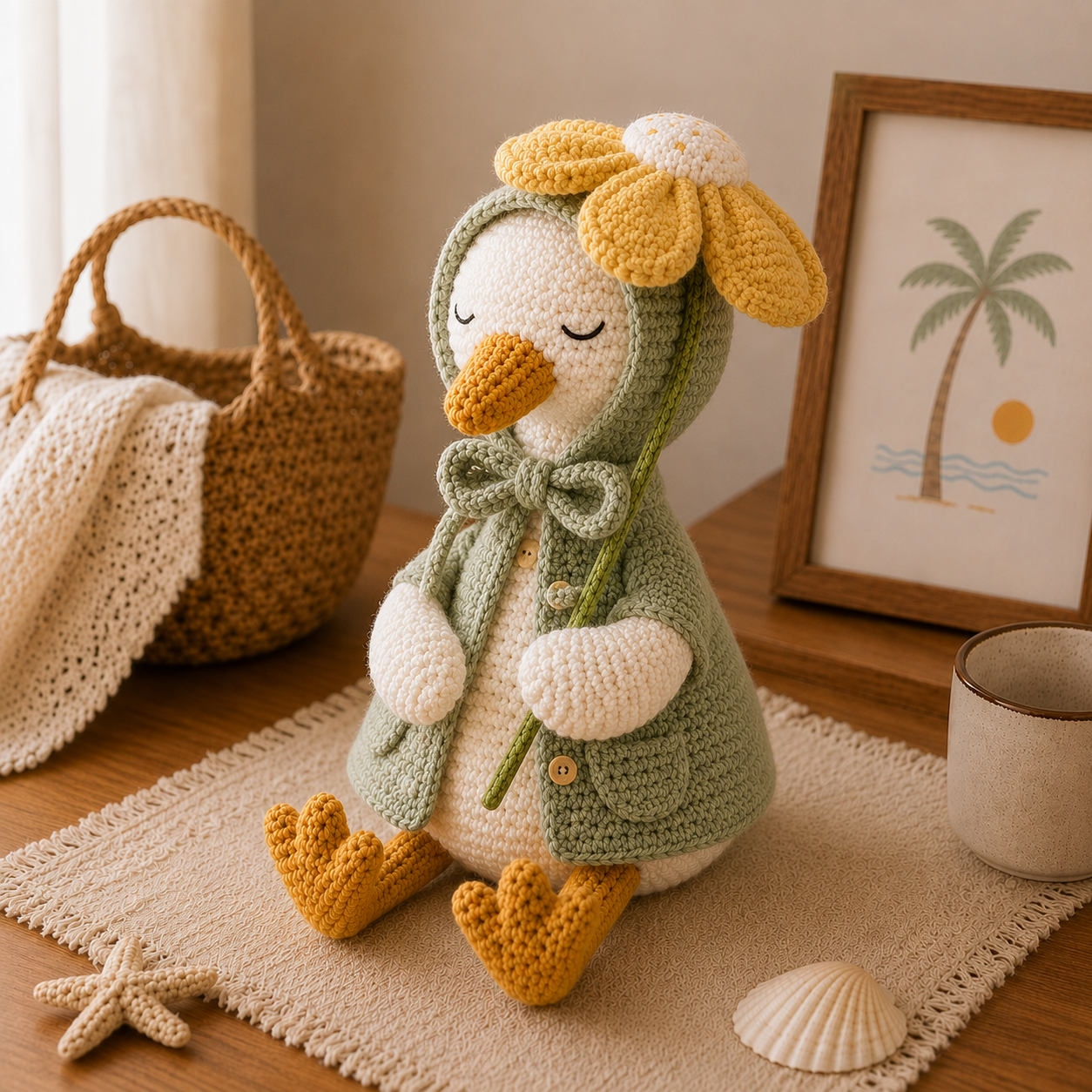 Daisy Crochet Goose Plush – Sage Green Hooded Spring Decor