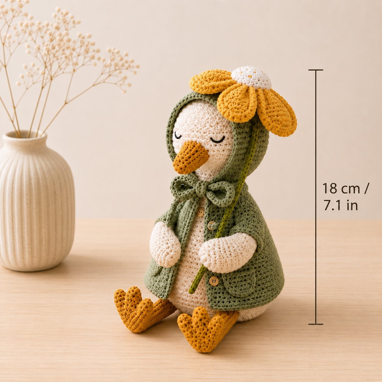 Daisy Crochet Goose Plush – Sage Green Hooded Spring Decor