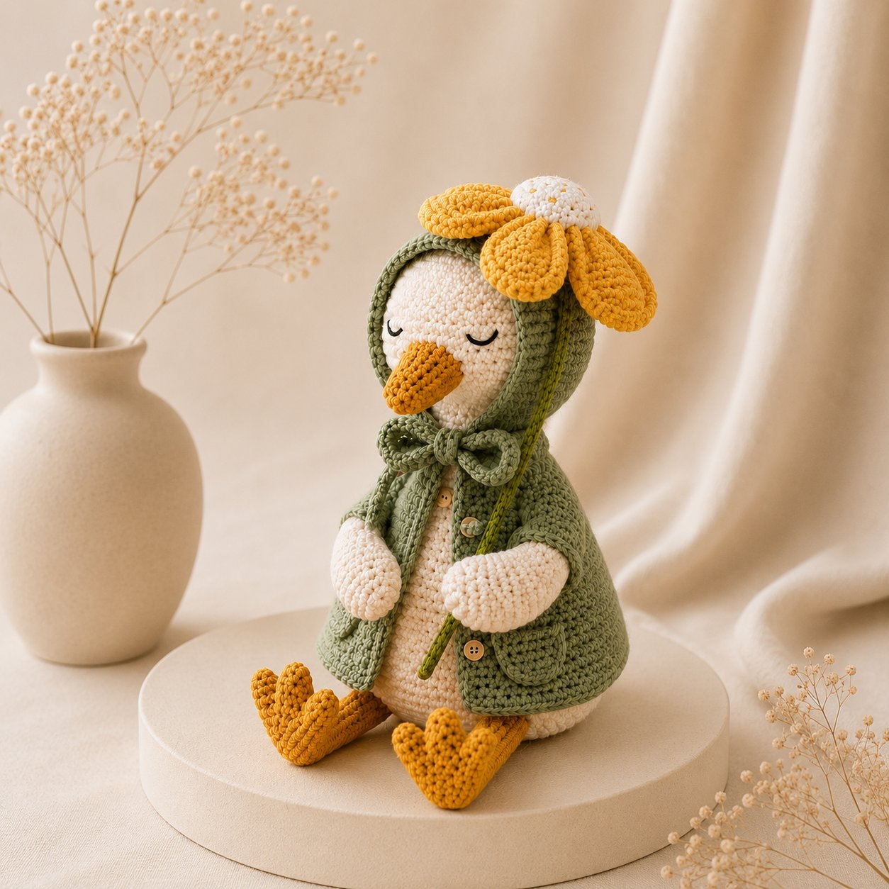 Daisy Crochet Goose Plush – Sage Green Hooded Spring Decor