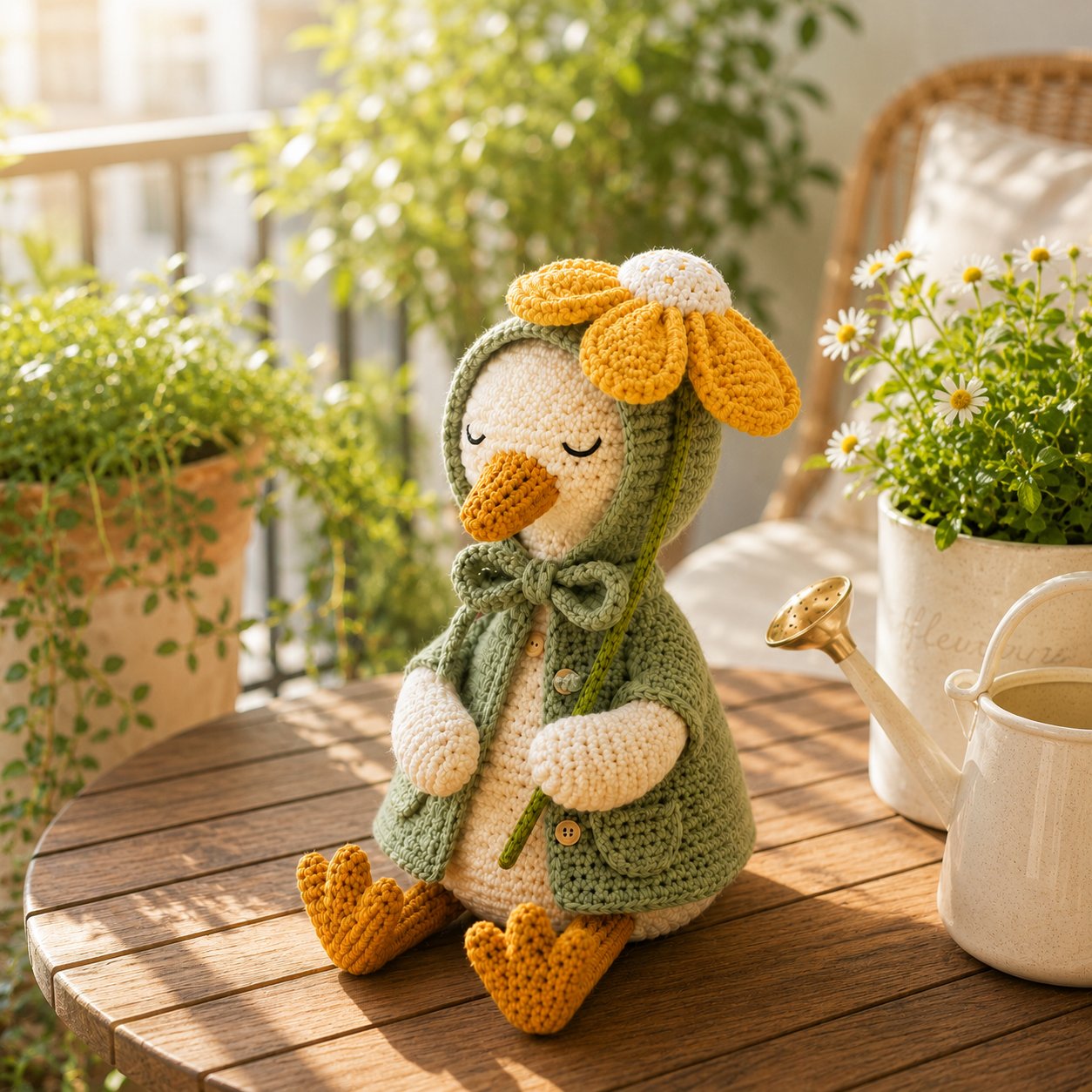 Daisy Crochet Goose Plush – Sage Green Hooded Spring Decor