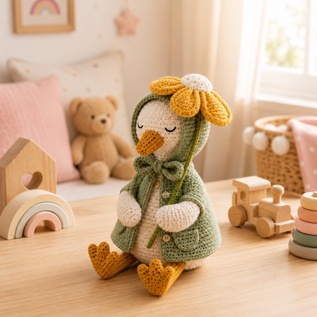 Daisy Crochet Goose Plush – Sage Green Hooded Spring Decor