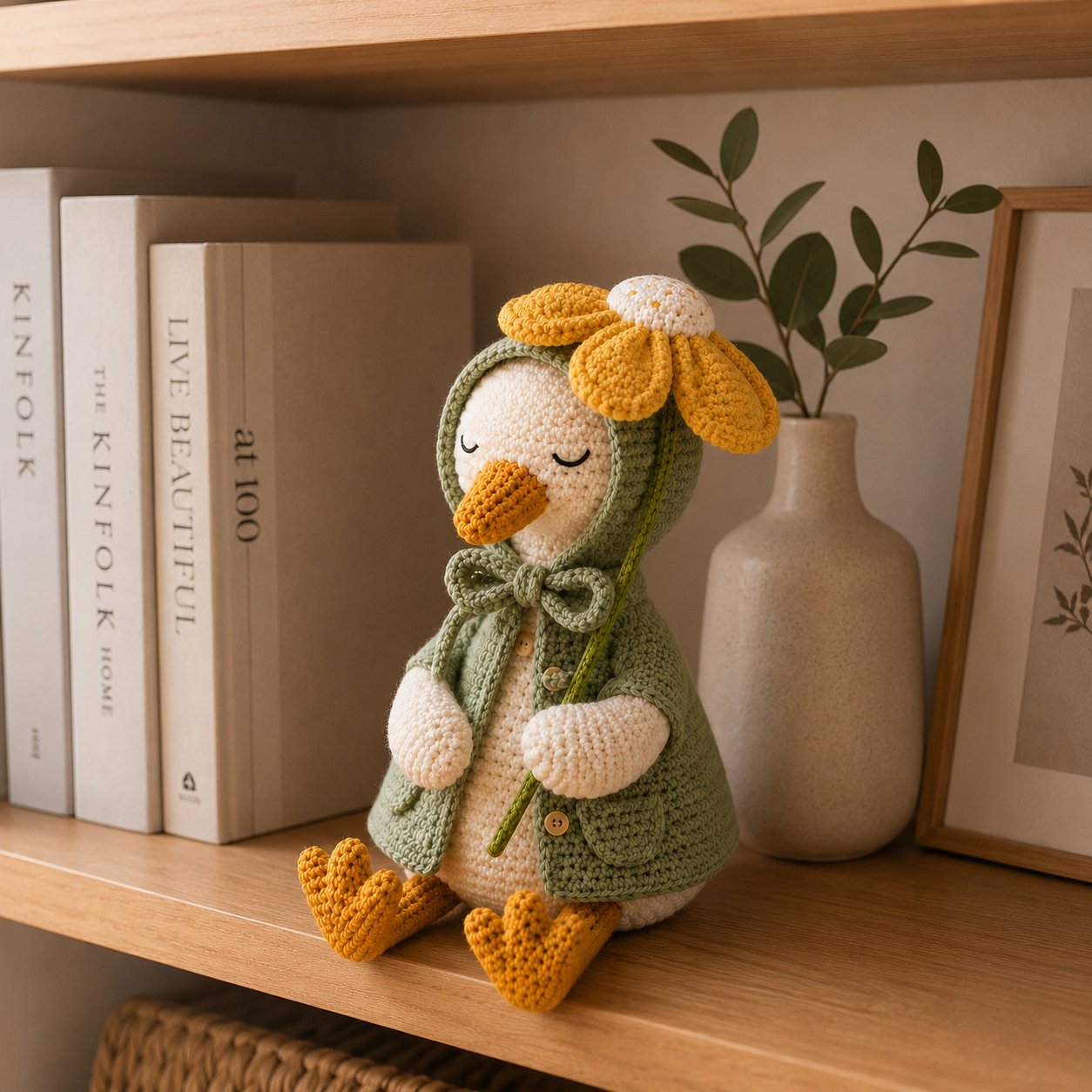 Daisy Crochet Goose Plush – Sage Green Hooded Spring Decor