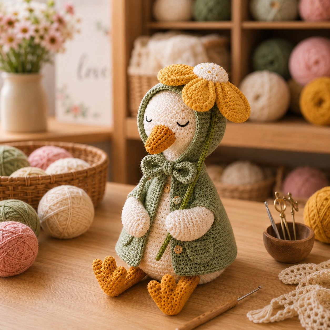Daisy Crochet Goose Plush – Sage Green Hooded Spring Decor