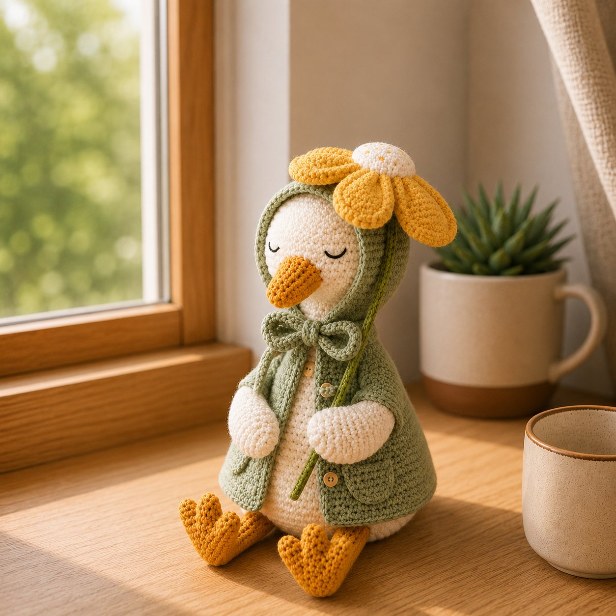 Daisy Crochet Goose Plush – Sage Green Hooded Spring Decor