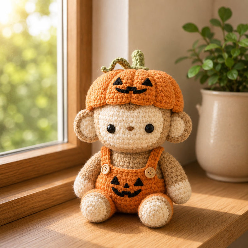 Halloween Crochet Monkey Plush – Pumpkin Costume Fall Decor