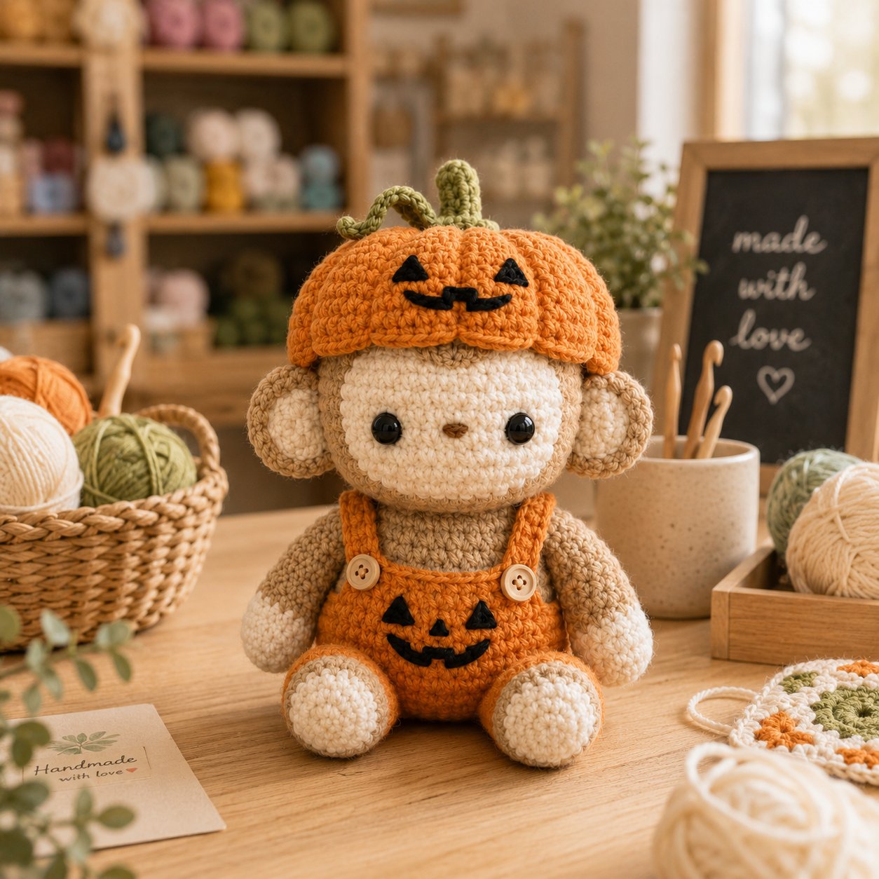 Halloween Crochet Monkey Plush – Pumpkin Costume Fall Decor