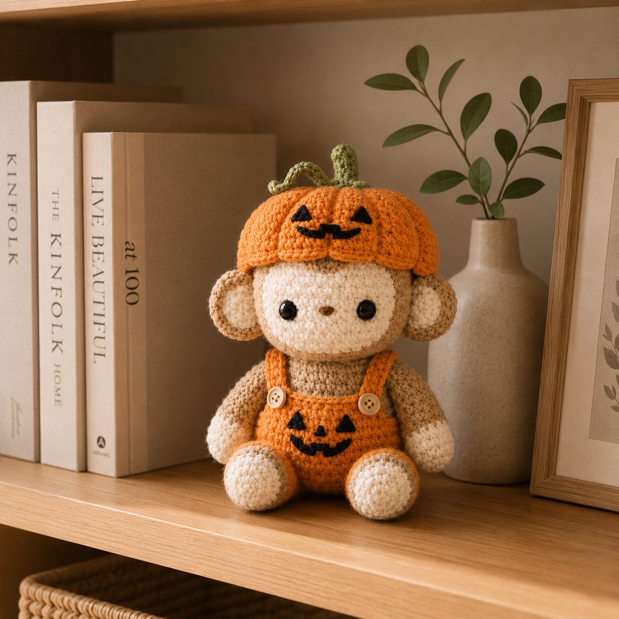 Halloween Crochet Monkey Plush – Pumpkin Costume Fall Decor