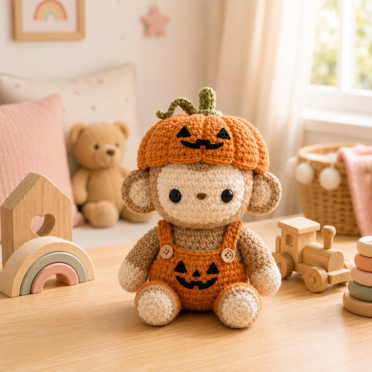 Halloween Crochet Monkey Plush – Pumpkin Costume Fall Decor