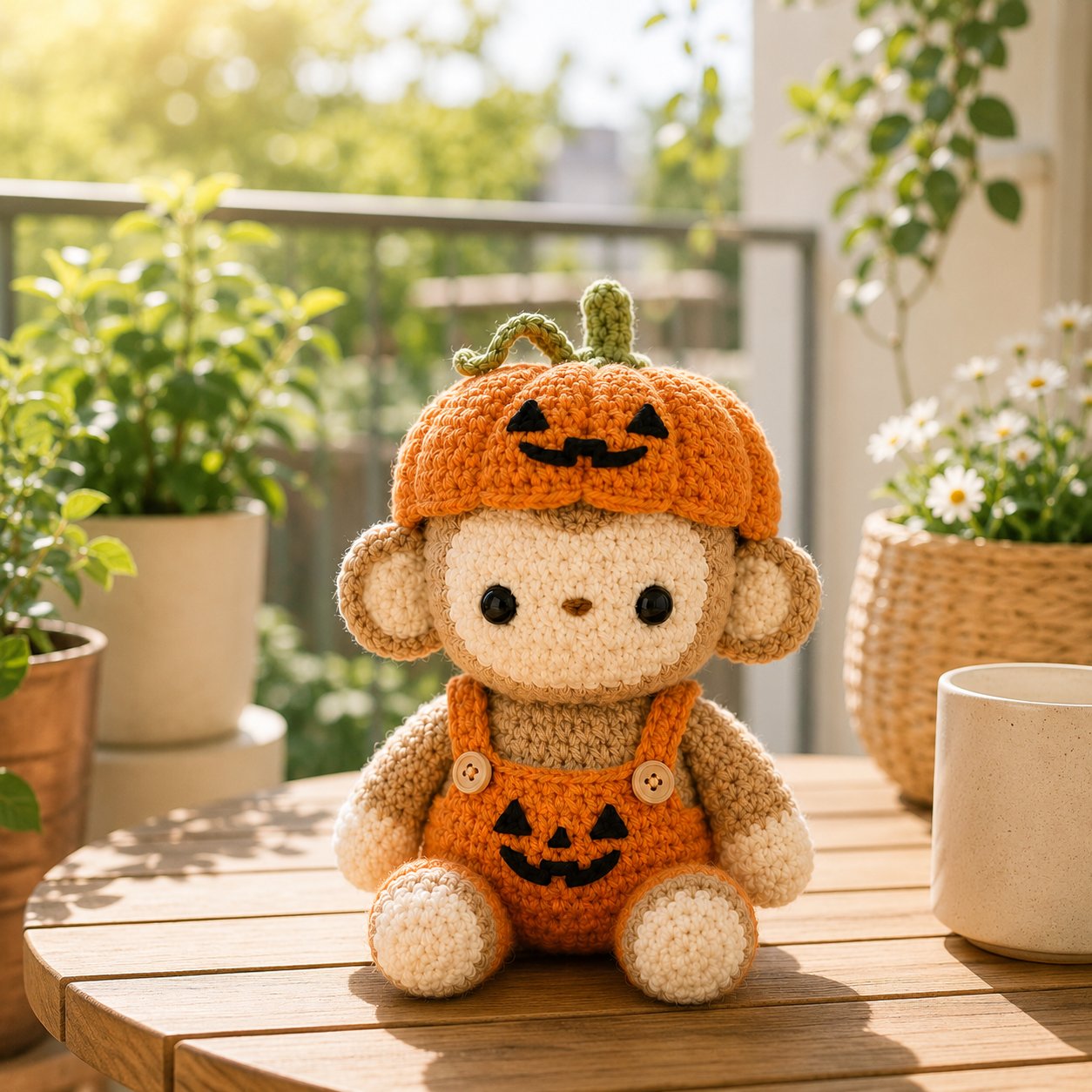 Halloween Crochet Monkey Plush – Pumpkin Costume Fall Decor
