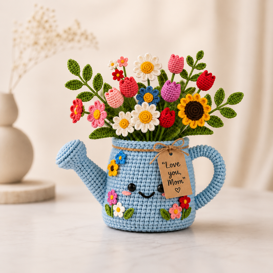 Crochet Watering Can Flower Bouquet – Handmade Desk Decor Gift