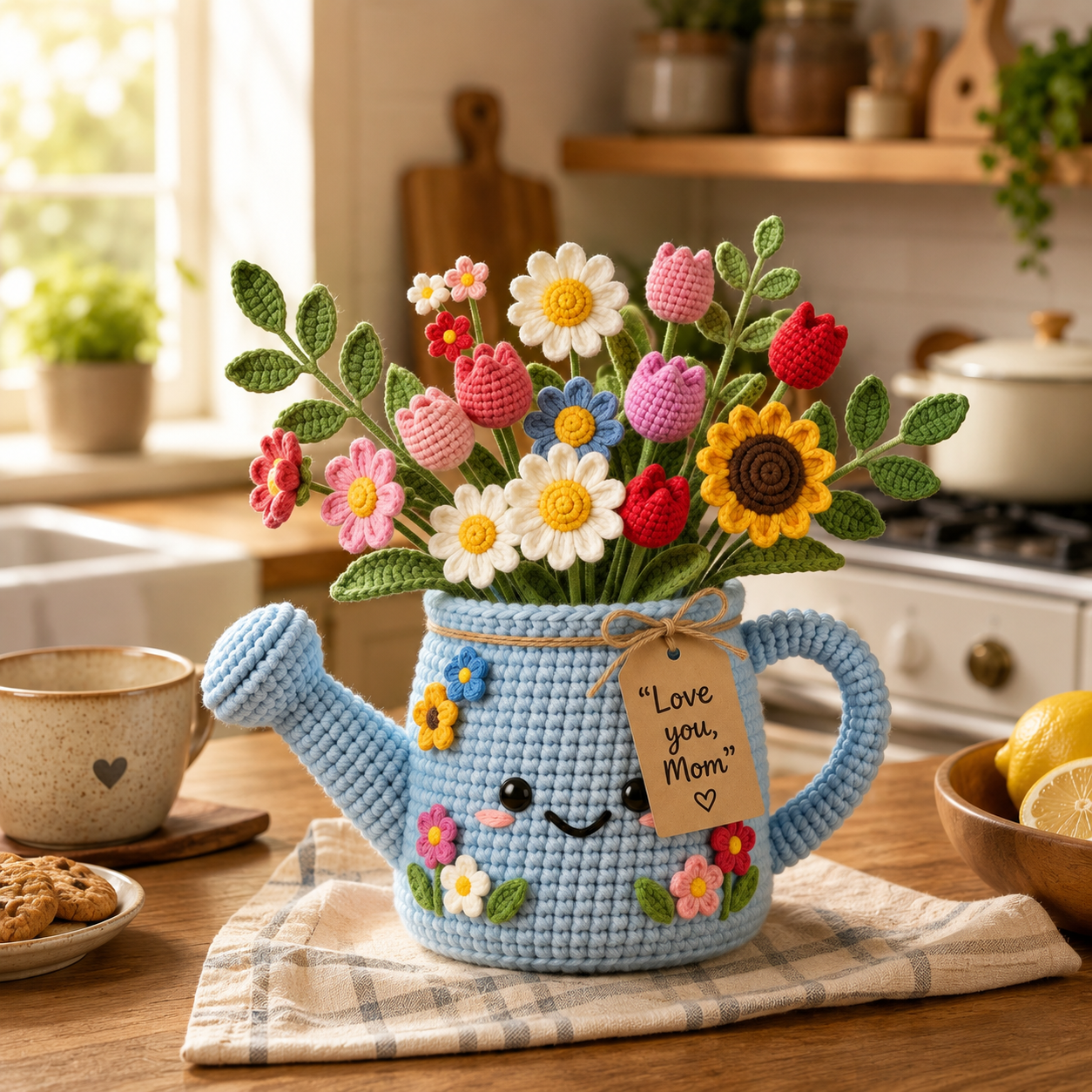 Crochet Watering Can Flower Bouquet – Handmade Desk Decor Gift