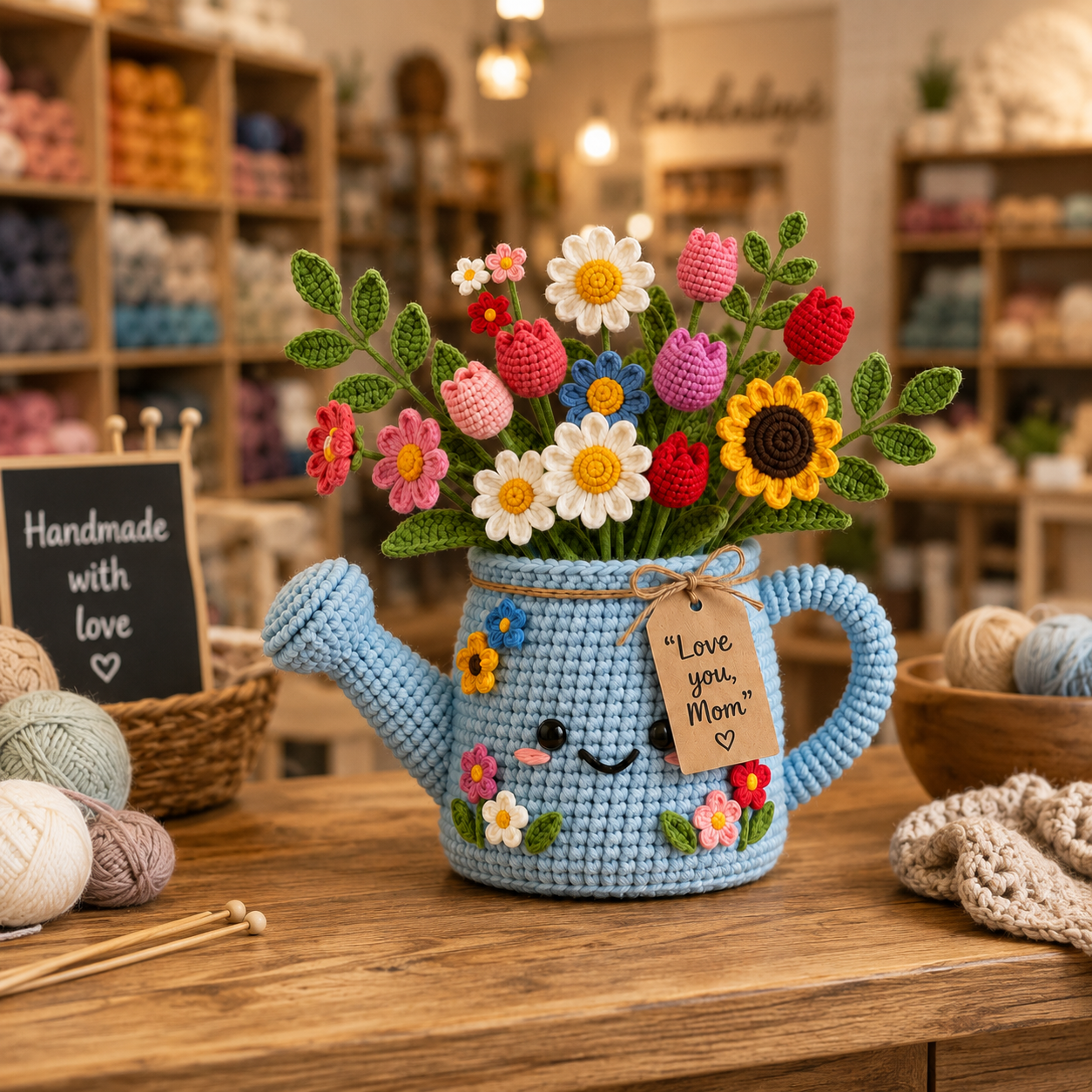 Crochet Watering Can Flower Bouquet – Handmade Desk Decor Gift