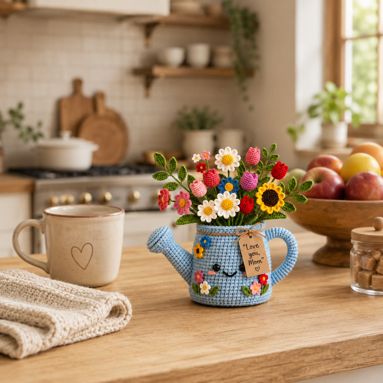 Crochet Watering Can Flower Bouquet – Handmade Desk Decor Gift