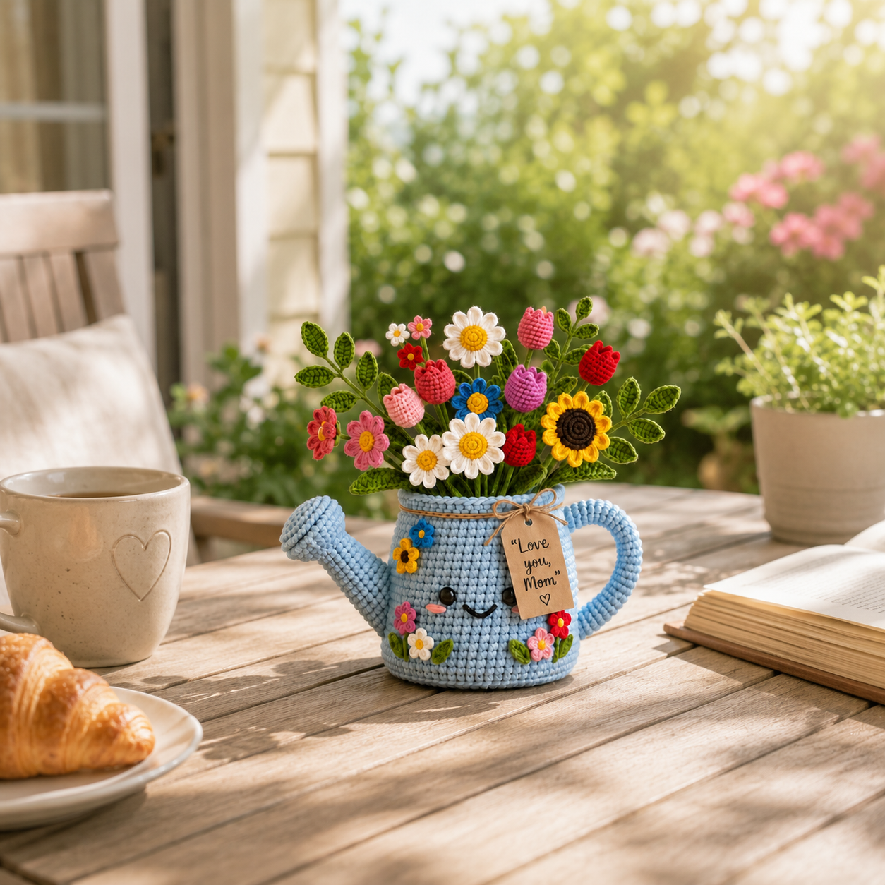 Crochet Watering Can Flower Bouquet – Handmade Desk Decor Gift