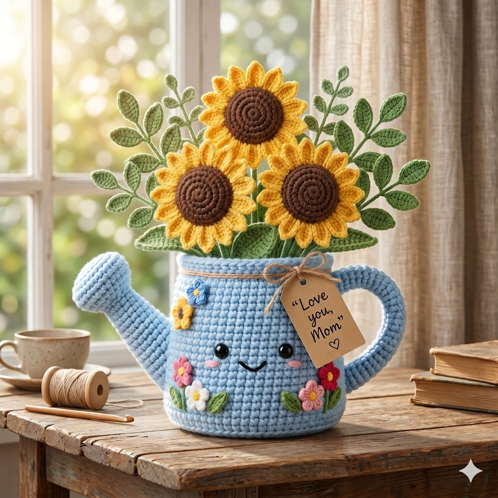 Crochet Watering Can Flower Bouquet – Handmade Desk Decor Gift