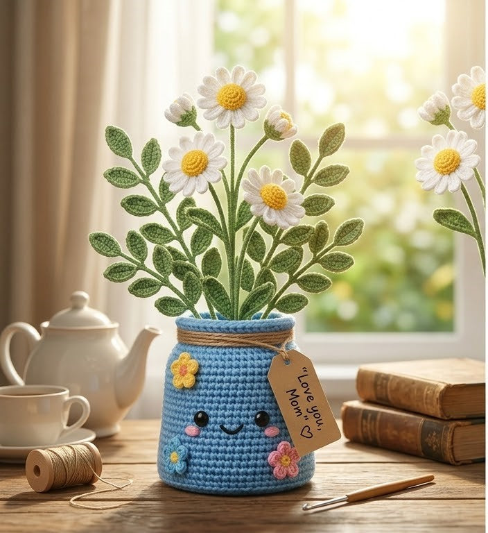 Crochet Watering Can Flower Bouquet – Handmade Desk Decor Gift
