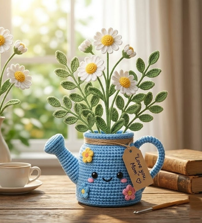 Crochet Watering Can Flower Bouquet – Handmade Desk Decor Gift