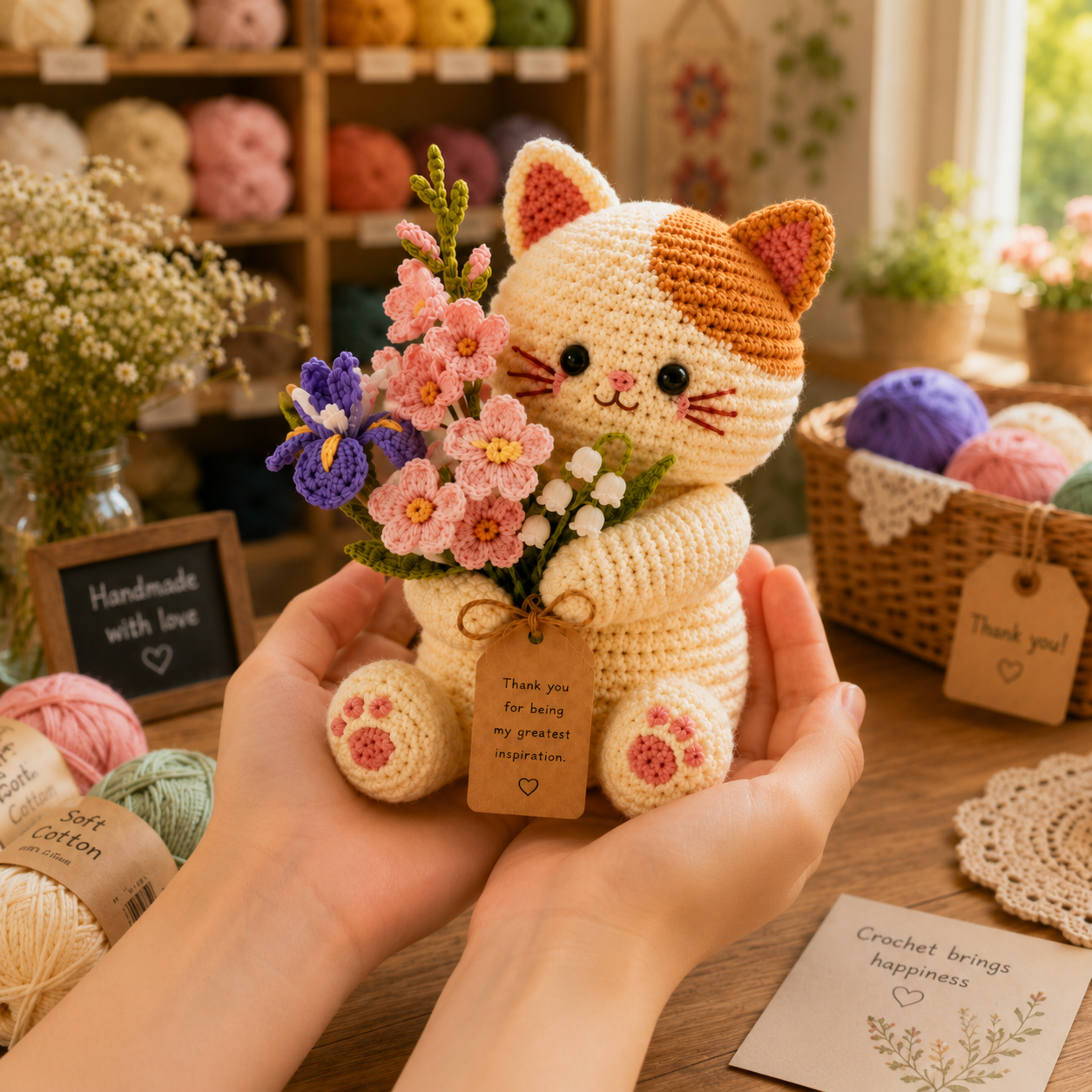Crochet Iris & Gladiolus Cat Flower Pot – Handmade Desk Decor Gift