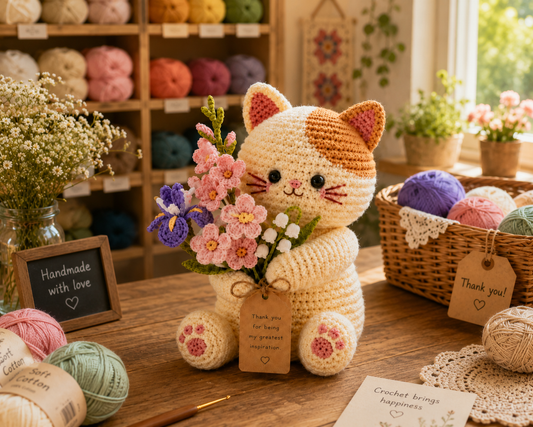 Crochet Iris & Gladiolus Cat Flower Pot – Handmade Desk Decor Gift