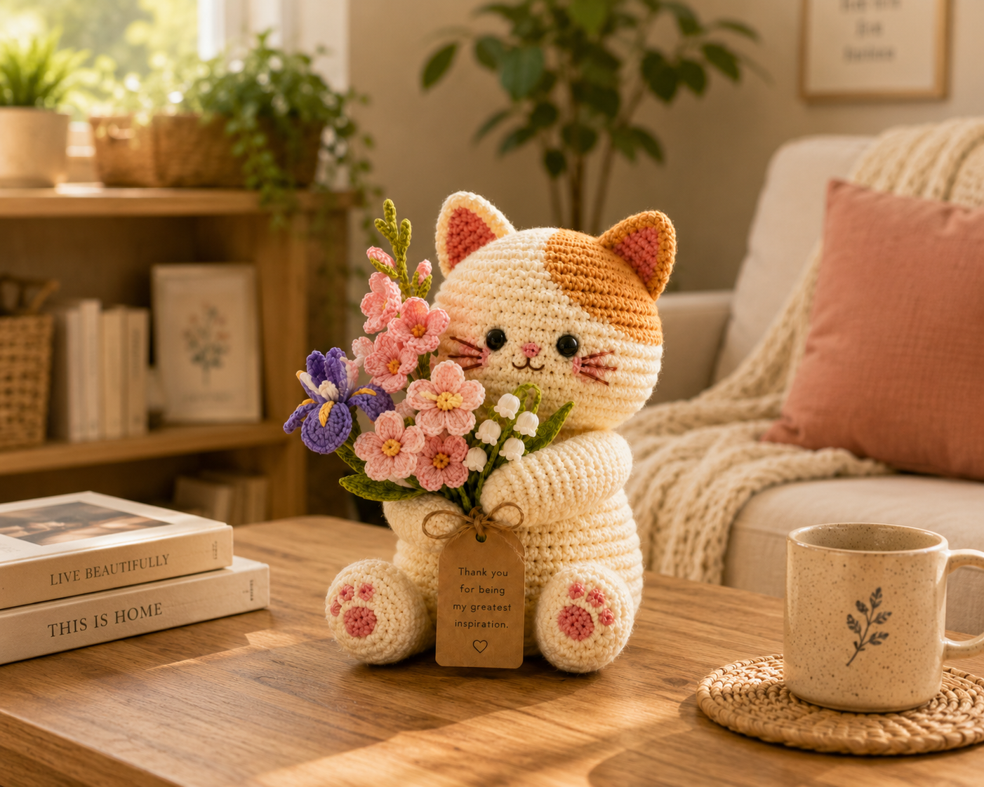 Crochet Iris & Gladiolus Cat Flower Pot – Handmade Desk Decor Gift