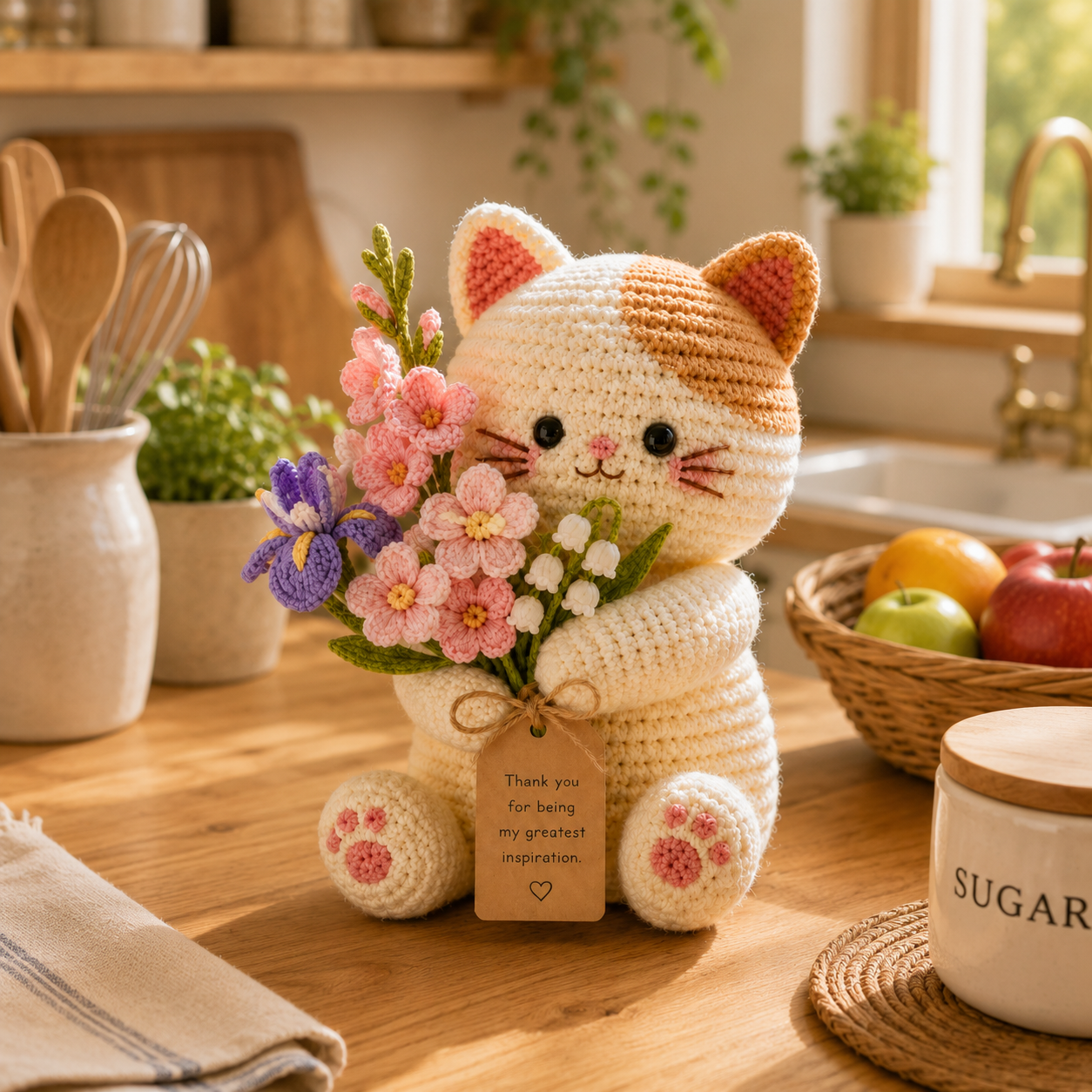 Crochet Iris & Gladiolus Cat Flower Pot – Handmade Desk Decor Gift