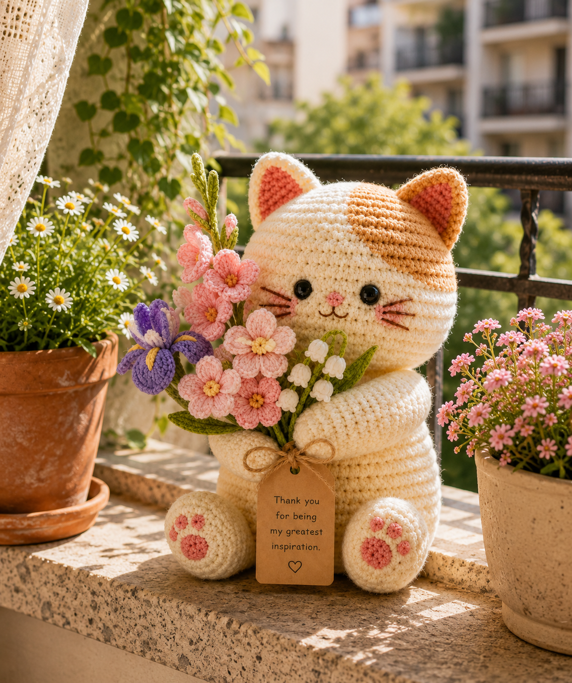 Crochet Iris & Gladiolus Cat Flower Pot – Handmade Desk Decor Gift