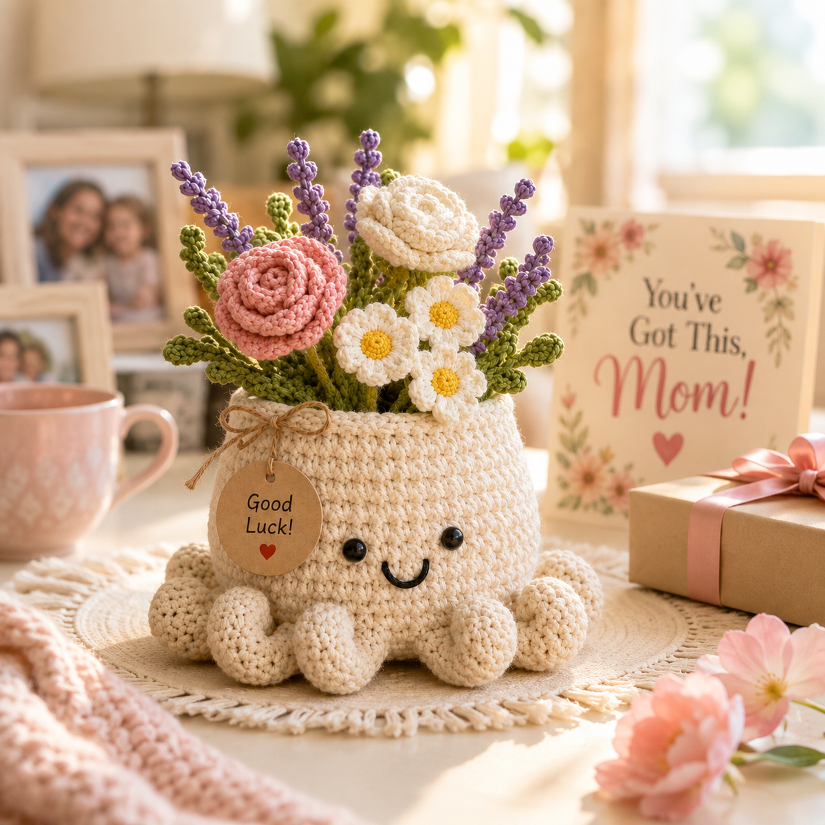 Crochet Sunflower & Lavender Basket – Handmade Desk Decor Gift