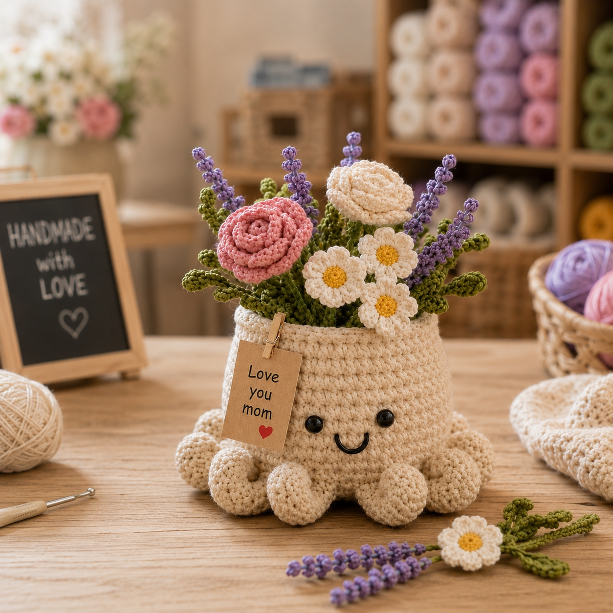 Crochet Sunflower & Lavender Basket – Handmade Desk Decor Gift