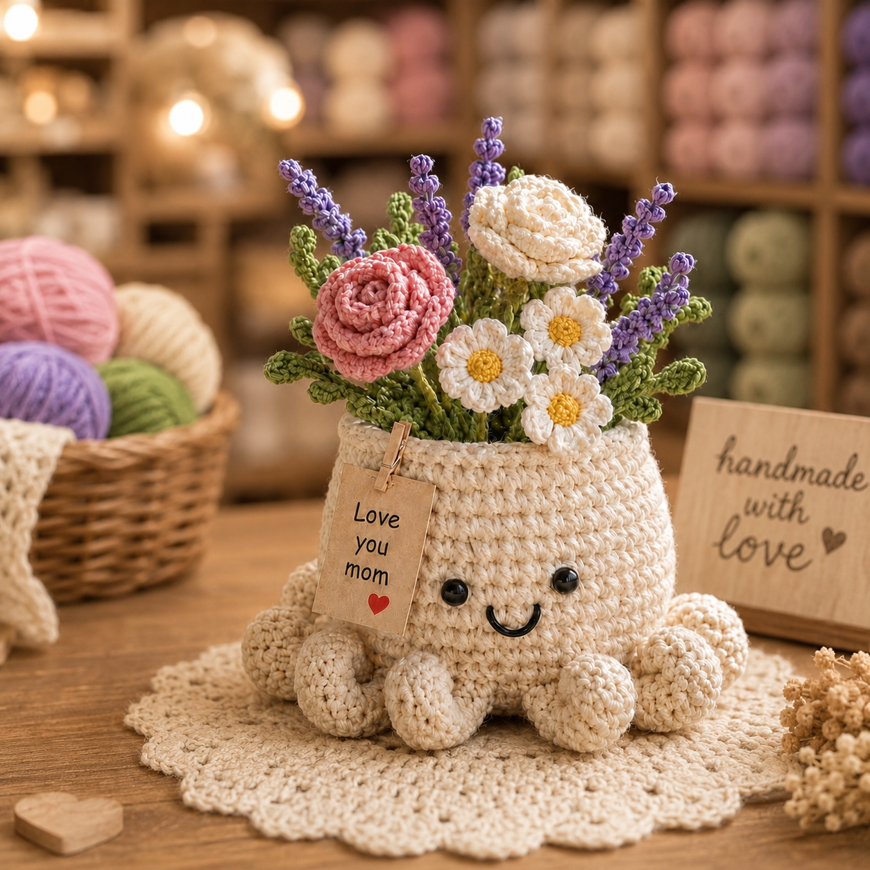 Crochet Sunflower & Lavender Basket – Handmade Desk Decor Gift