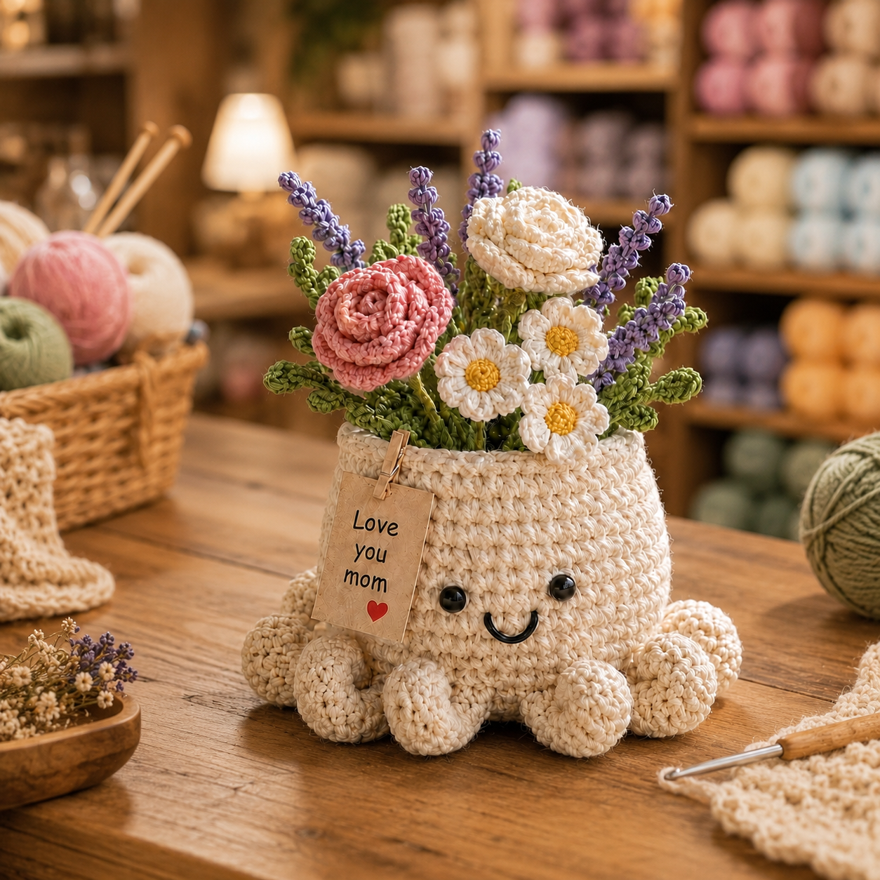 Crochet Sunflower & Lavender Basket – Handmade Desk Decor Gift