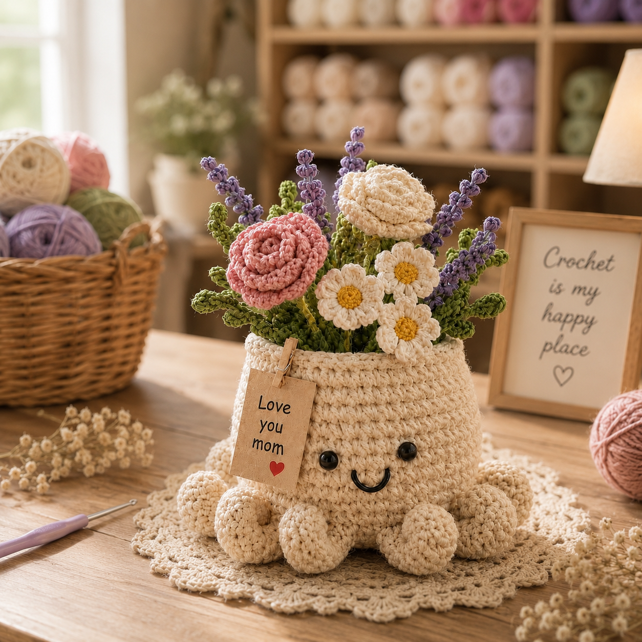 Crochet Sunflower & Lavender Basket – Handmade Desk Decor Gift