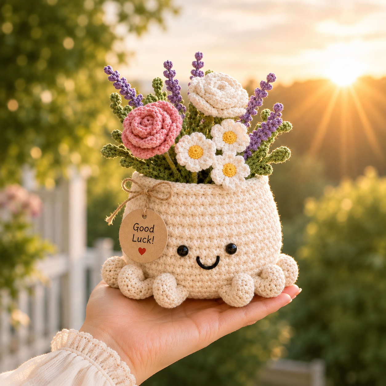 Crochet Sunflower & Lavender Basket – Handmade Desk Decor Gift