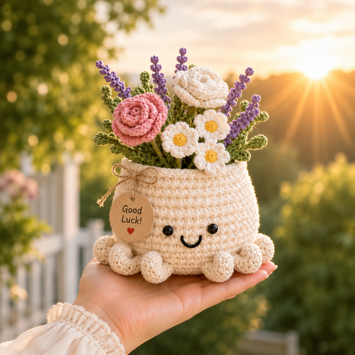 Crochet Sunflower & Lavender Basket – Handmade Desk Decor Gift