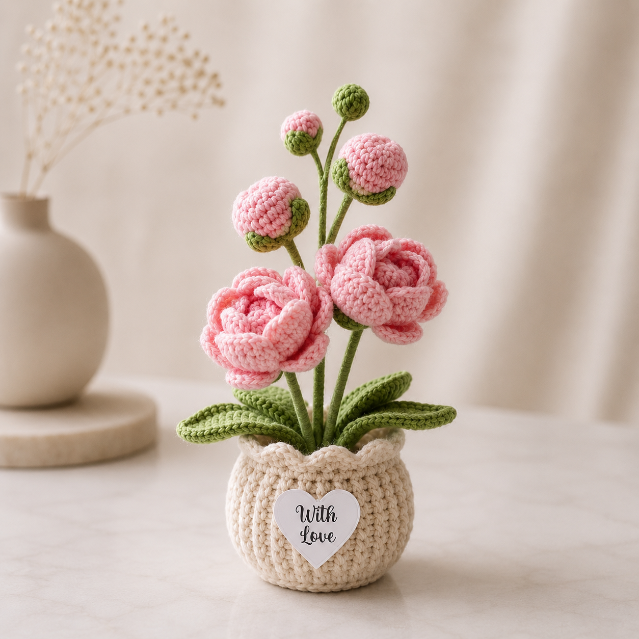 Handmade Crochet Pink Peony Flower Pot – Mother's Day Gift