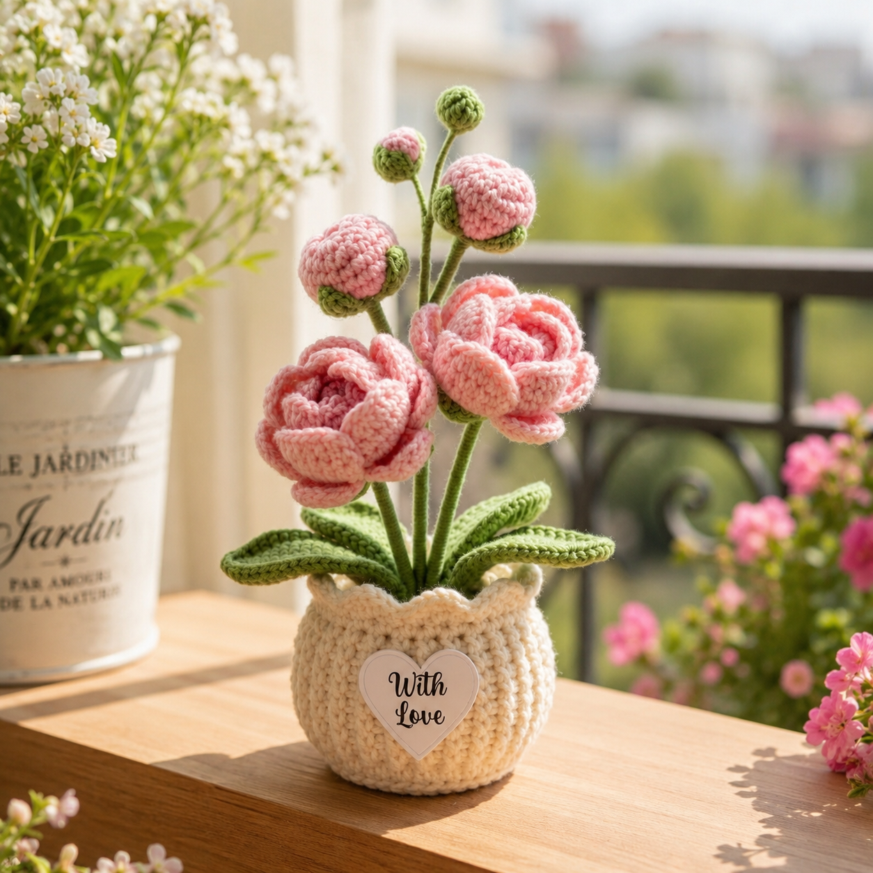 Handmade Crochet Pink Peony Flower Pot – Mother's Day Gift