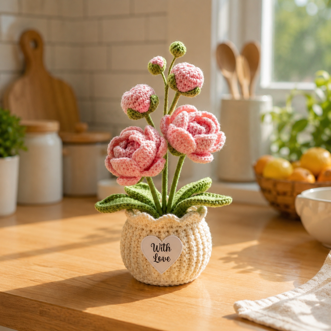 Handmade Crochet Pink Peony Flower Pot – Mother's Day Gift