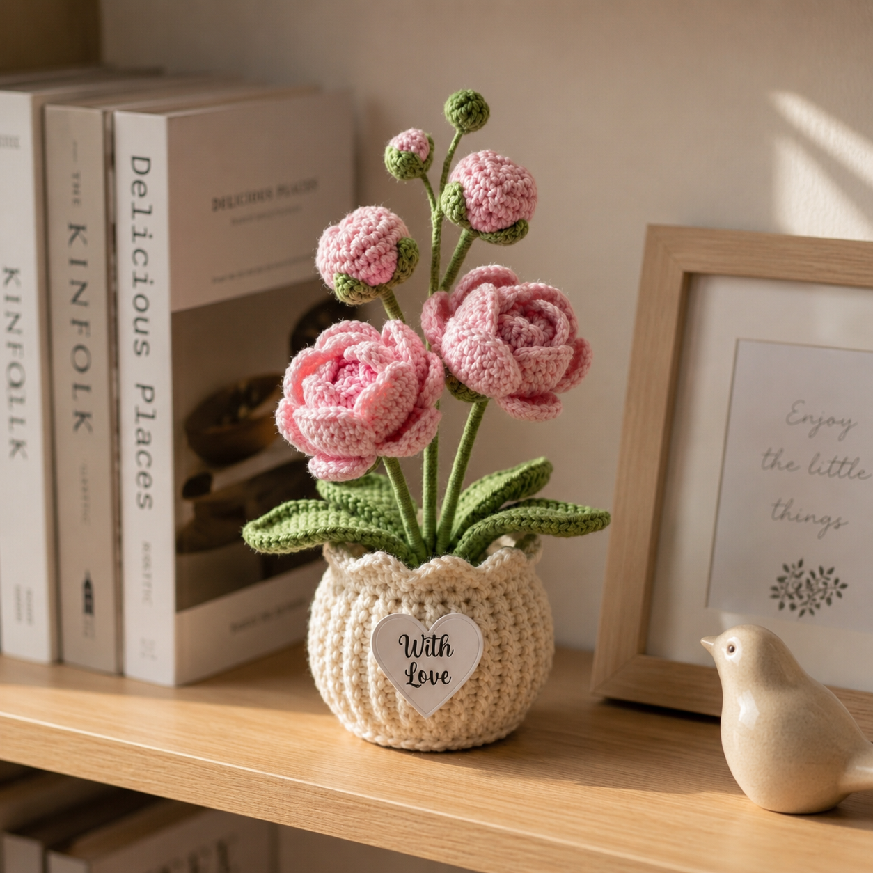 Handmade Crochet Pink Peony Flower Pot – Mother's Day Gift