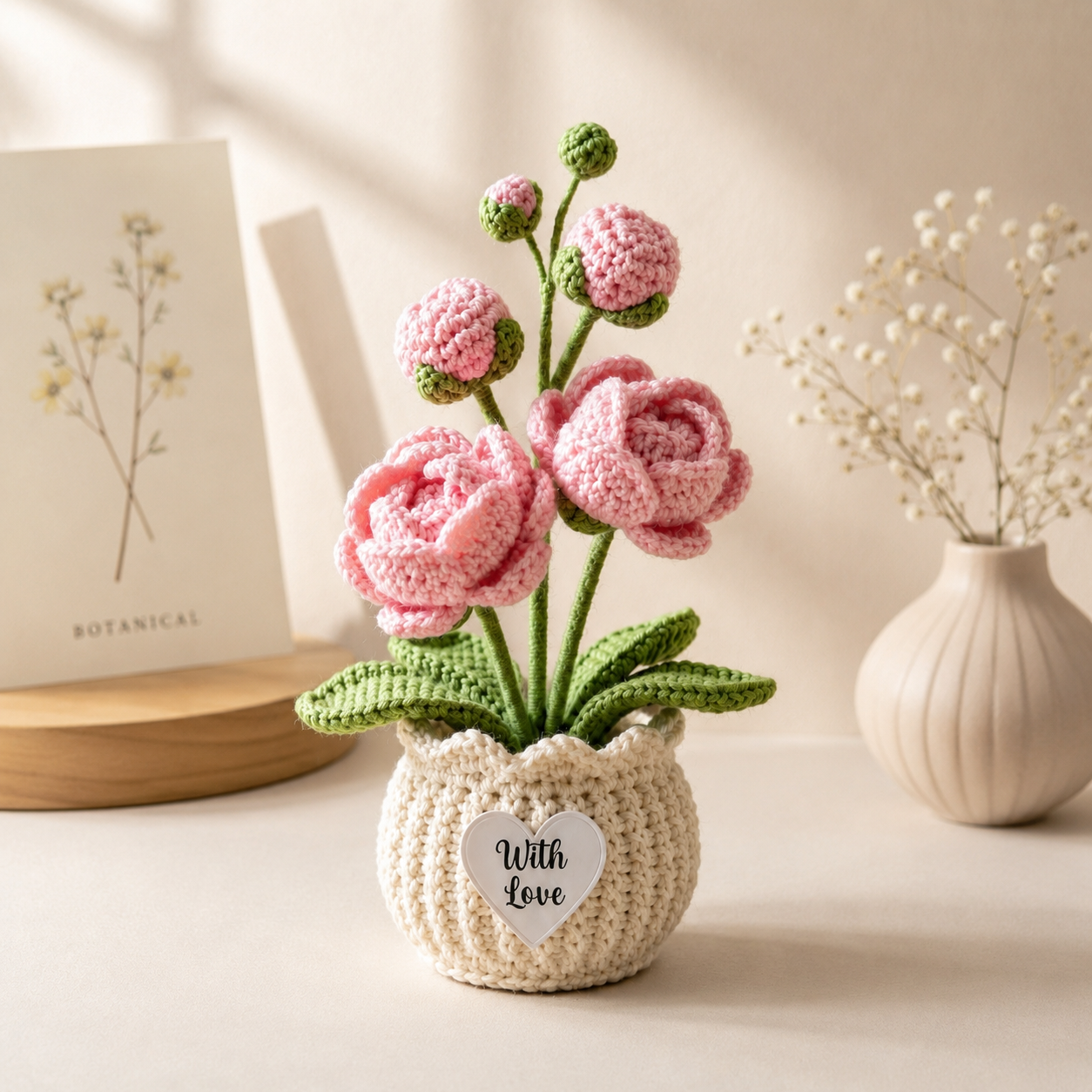 Handmade Crochet Pink Peony Flower Pot – Mother's Day Gift