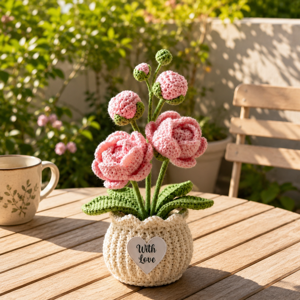 Handmade Crochet Pink Peony Flower Pot – Mother's Day Gift