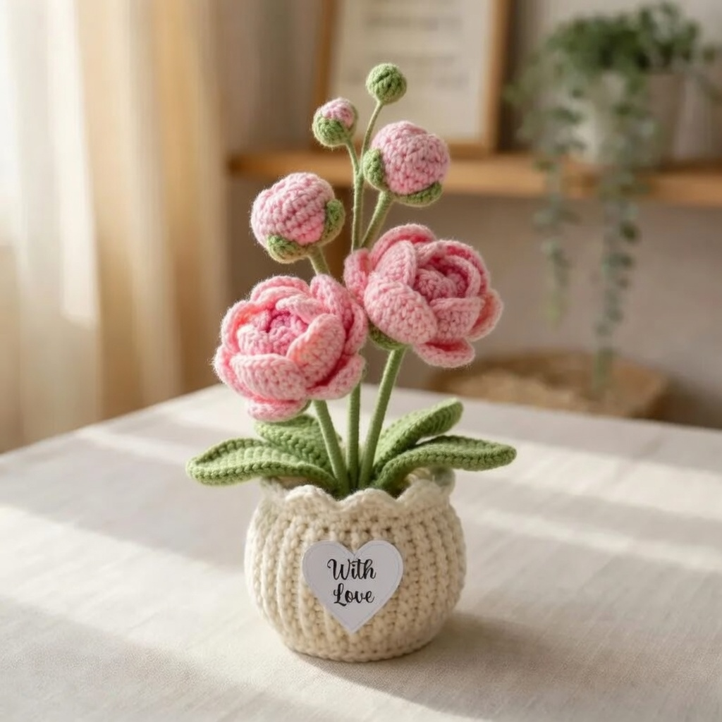 Handmade Crochet Pink Peony Flower Pot – Mother's Day Gift
