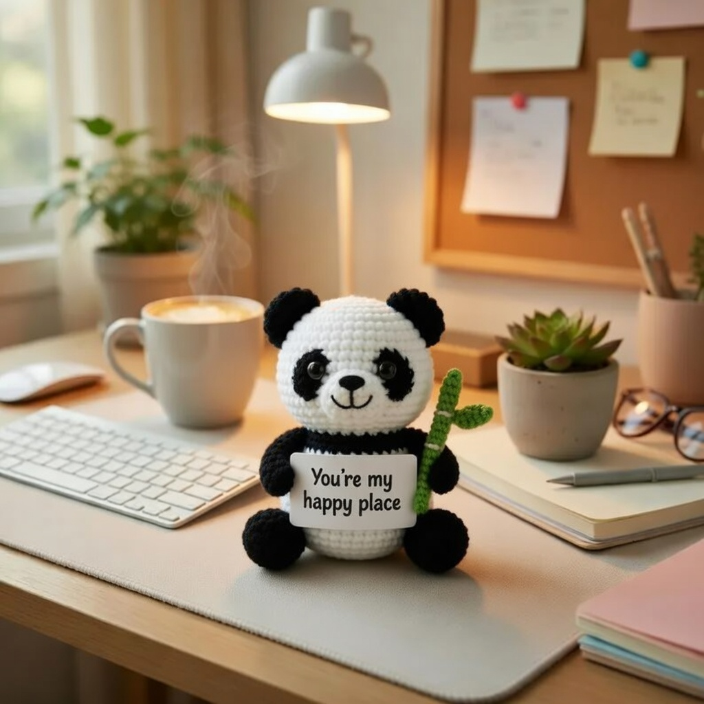 Handmade Crochet Panda with Happy Place Sign – Cute Anniversary Gift