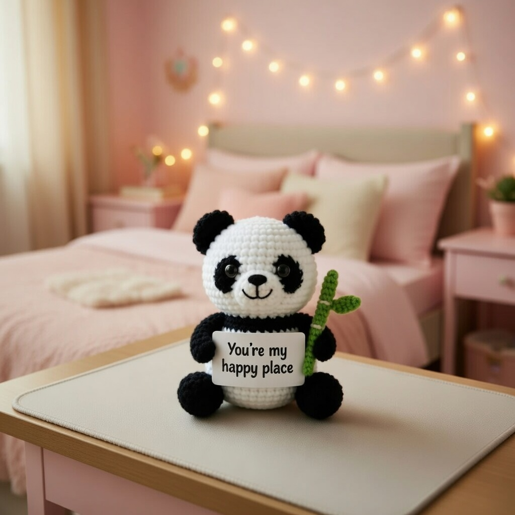 Handmade Crochet Panda with Happy Place Sign – Cute Anniversary Gift