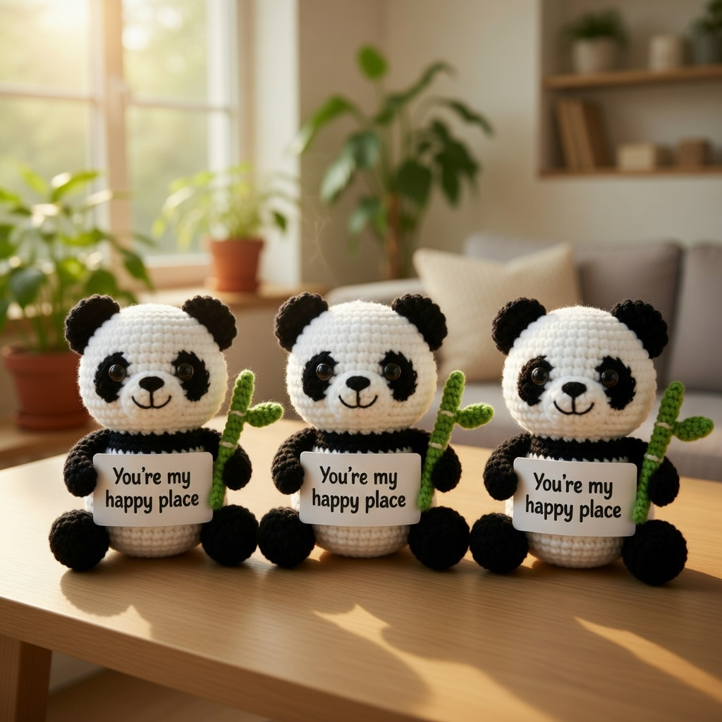 Handmade Crochet Panda with Happy Place Sign – Cute Anniversary Gift