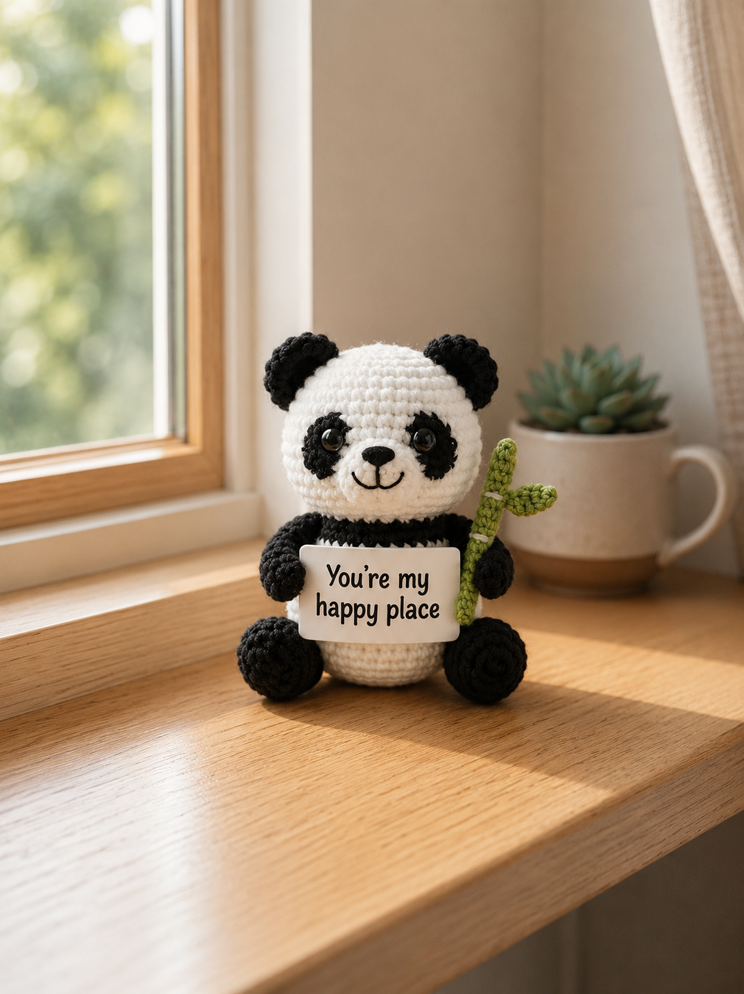 Handmade Crochet Panda with Happy Place Sign – Cute Anniversary Gift